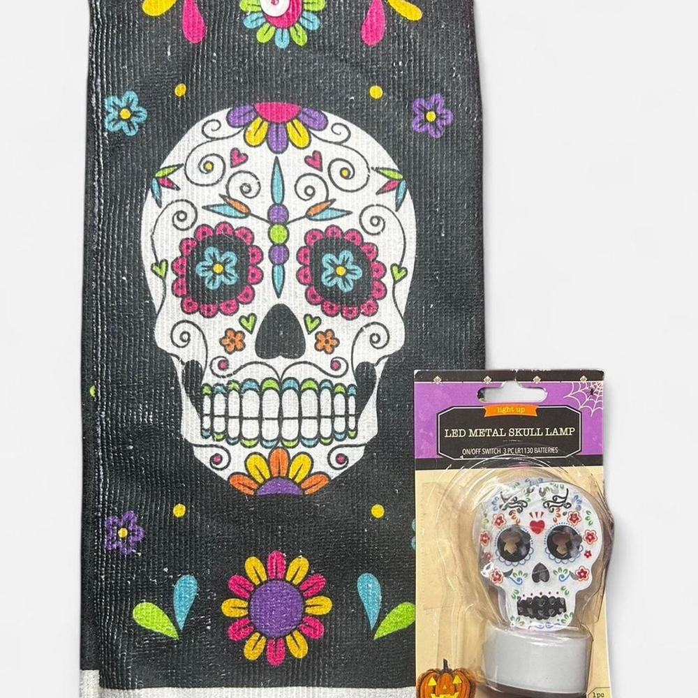 Sugar Skull Bundle - Black Kitchen Towel and LED Metal Skull Lamp 💀 NWT